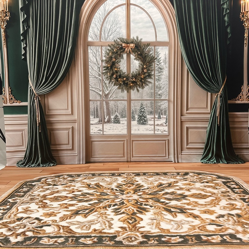 Elegant Holiday Backdrop - Winter Pine Window (sweep) Green and Gold